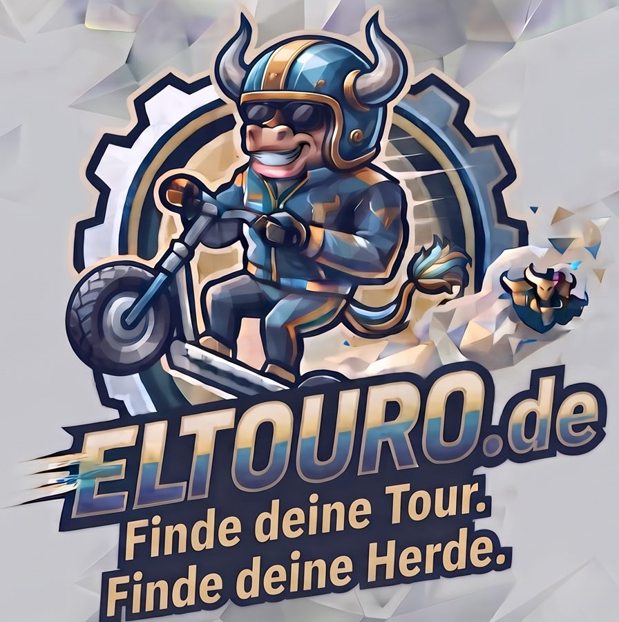 Das ElTouro-Maskottchen: ein Stier mit Helm und Sonnenbrille auf einem E-Scooter